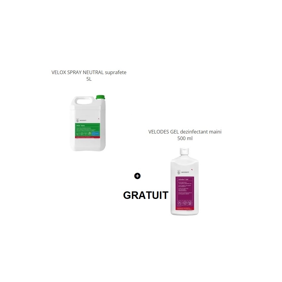 PACHET PROMO - VELOX SPRAY NEUTRAL suprafete 5L + VELODES GEL maini 500 ml GRATUIT