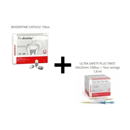 BIODENTINE CAPSULE 15buc + ULTRA SAFETY PLUS TWIST 04x25mm 100buc + 1buc seringa 1,8 ml