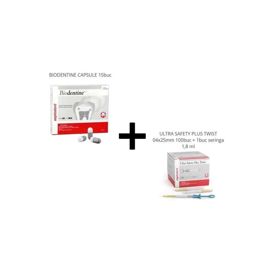 BIODENTINE CAPSULE 15buc + ULTRA SAFETY PLUS TWIST 04x25mm 100buc + 1buc seringa 1,8 ml
